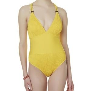 Sunflower Yellow Beaded Smocked One Piece Swimsuit
